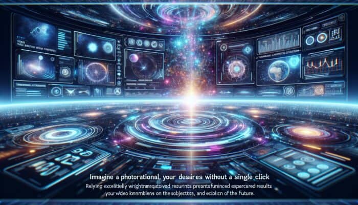 A futuristic interface with enhanced video search results, vibrant graphs, and holographic elements.