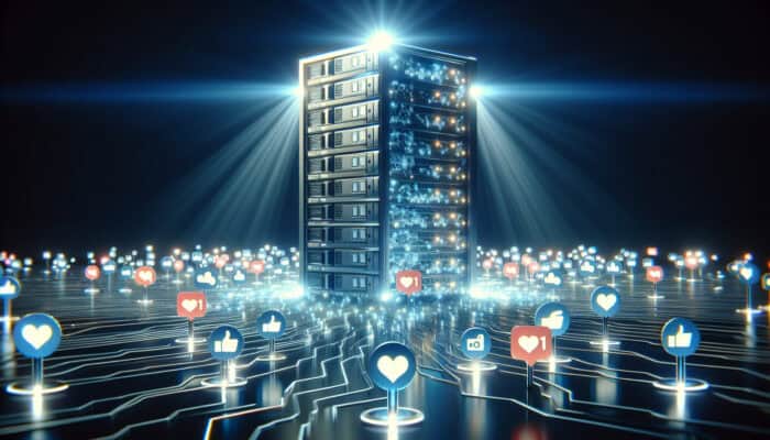 A futuristic server tower glowing with social media icons, surrounded by streams of likes, shares, and comments, symbolizing enhanced SEO visibility.