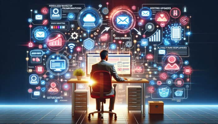 A marketer at a desk composes personalized emails for hosting upgrades, surrounded by glowing add-on icons and engaged customers in a vibrant tech office.