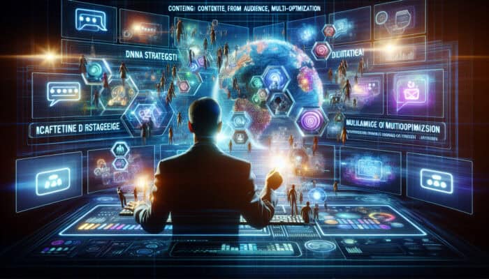 A strategist at a glowing digital hub creates social videos on screens with YouTube, Instagram, and TikTok icons, as diverse audiences interact via holographic chat bubbles.