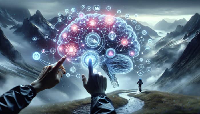 Futuristic neural network brain analyzes "best hiking trails," linking to synonyms like scenic views and trail difficulties amid misty mountains.