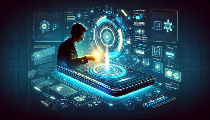 Smartphone screen showing search for "What is the capital of France?" with "Paris" in a glowing snippet and surrounding knowledge panels.