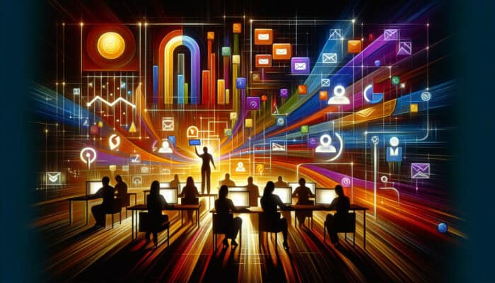 In a digital office, analysts sort email lists into colorful segments using data charts, icons, and engagement graphs.