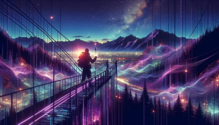 Futuristic explorer crosses glowing code bridge at dusk, transforming text articles into vibrant travel video streams.