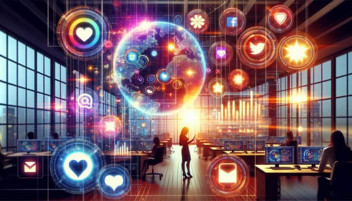 Strategist analyzing dashboard graphs of rising likes, shares, and comments for hashtags in a modern office with social media icons.