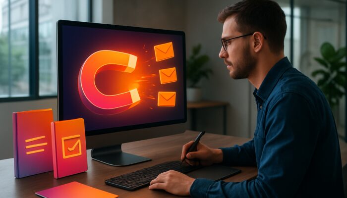 Digital designer crafting lead magnets like ebooks and checklists, with glowing magnet attracting email icons.