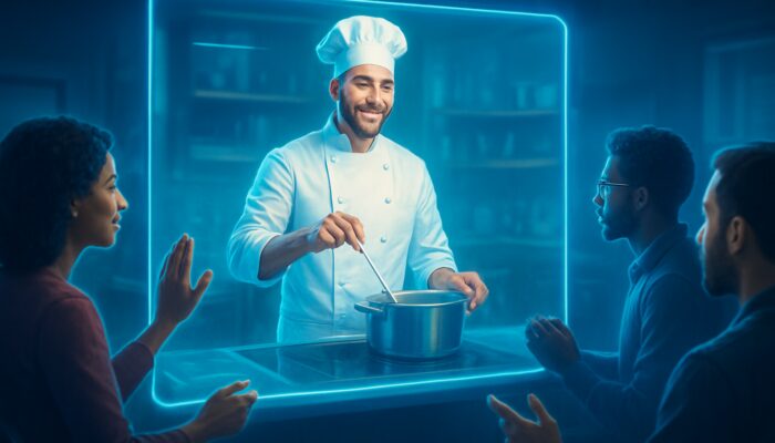 Bluesky virtual kitchen: chef demonstrates recipes on glowing screen with holographic viewer interaction.