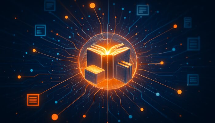 Glowing digital hub sphere with interconnected books, data streams, and radiating links for website authority.