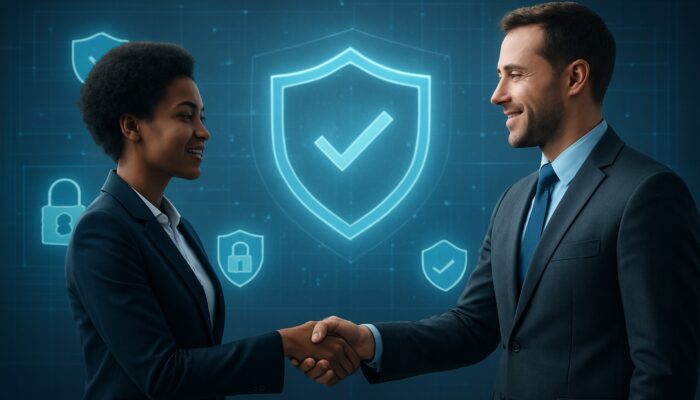 Diverse executive and customer in digital handshake, surrounded by glowing shields, locks, and badges in secure online interface.