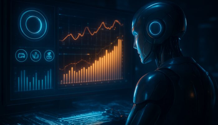 Futuristic AI analyzing glowing financial reports and social media data streams in digital command center.