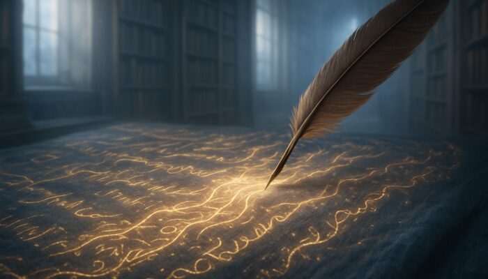 Quill weaving glowing keywords into text tapestry at balanced 1-3% density in ethereal library
