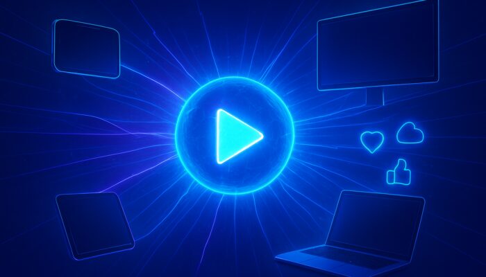 Glowing central video orb streams to smartphones, laptops, and billboards in electric blue-purple tones for omnichannel video strategies.