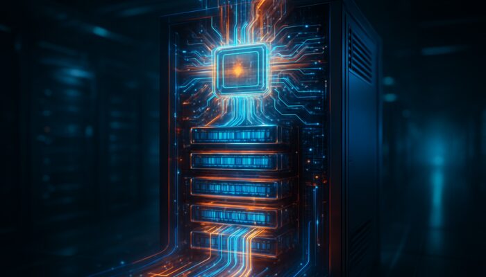 Futuristic cyberpunk server rack with glowing, scaling CPU cores and RAM modules preventing bottlenecks.
