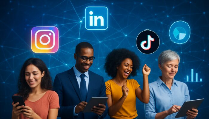 Diverse users engaging with Instagram, LinkedIn, and TikTok icons in glowing digital network with demographic charts.