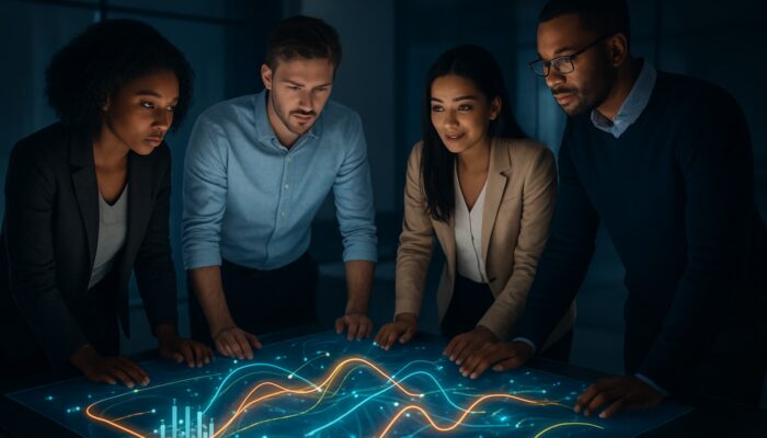 Diverse team collaborates around holographic table transforming glowing data charts into narratives in modern studio
